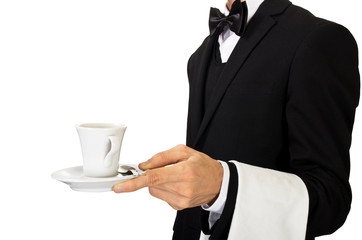 young waiter in uniform serving hot coffee