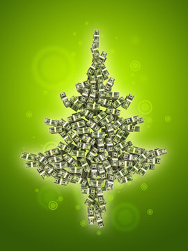 Dollars banknotes made as Christmas tree on green background