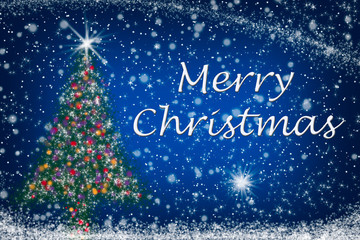 Sparkly Christmas Tree with Merry Christmas Text on Starry Sky