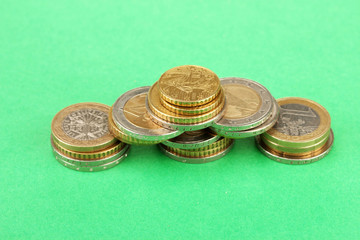 euro coins on color background