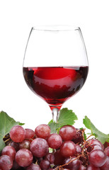 glass of wine and grapes, isolated on white