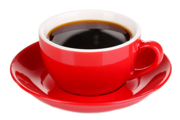 A red cup of strong coffee isolated on white