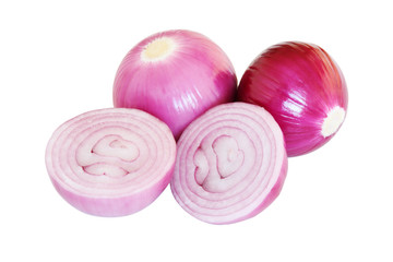 Peeled sliced pink onions isolated on white background