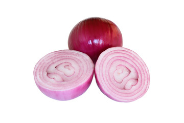 Peeled sliced pink onions isolated on white background