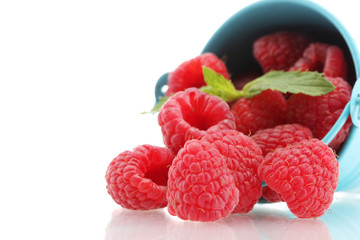 beautiful raspberries in bucket isolated on white