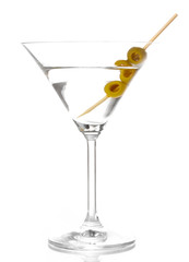 Martini glass and olives isolated on white