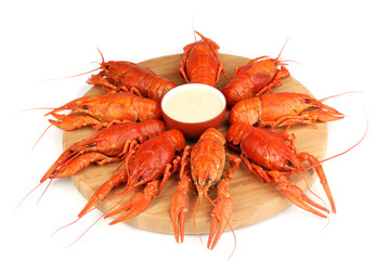 Tasty boiled crayfishes on chopping board isolated on white