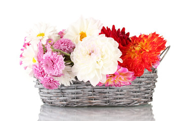 daisies and dahilas in  wicker basket isolated on white