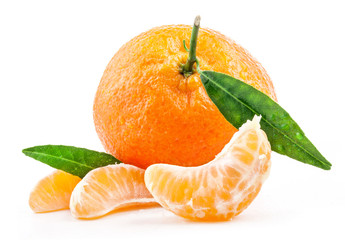 Tangerines with green leaves isolated on white background