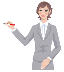 ペンを持って説明する女性