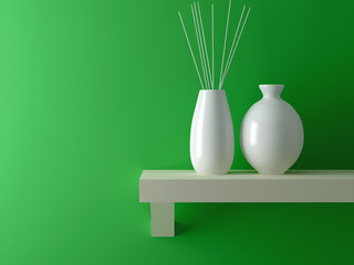 Two white vases on wooden shelf.