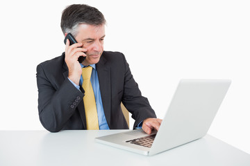 Fototapeta na wymiar Man phoning while writing on laptop