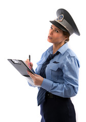Lady cop write a ticket on white background isolated