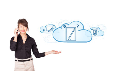 young woman presenting modern devices in clouds