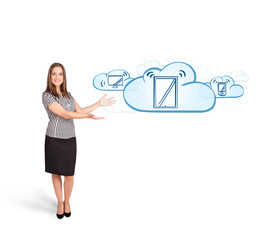 young woman presenting modern devices in clouds