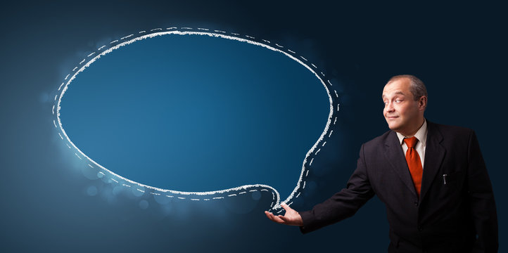 funny businessman presenting speech bubble copy space