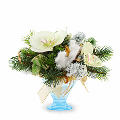 Christmas arrangement of Christmas balls, orchids, snowflakes, b