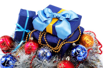 Christmas decorations and gifts on a white background