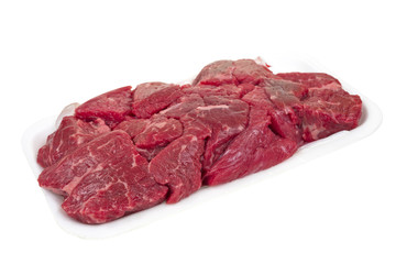 Stew beef cubes on foam tray