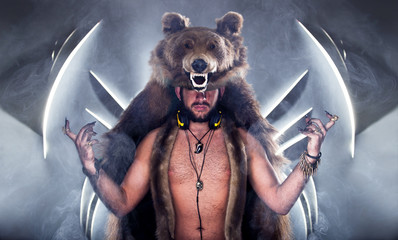 Scary man in a bear coat with scar - 47150615