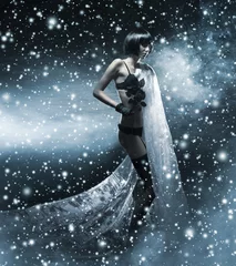 Foto op Plexiglas A young woman in dark lingerie posing on a snowy background © Acronym