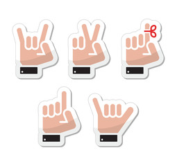 Hand vector gestures, signals and signs - victory, rock