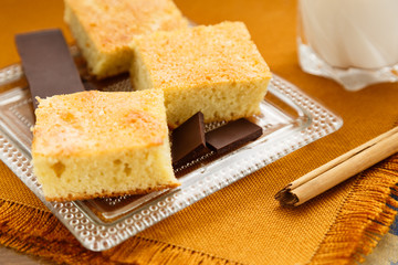 Homemade cake with chocolate and milk