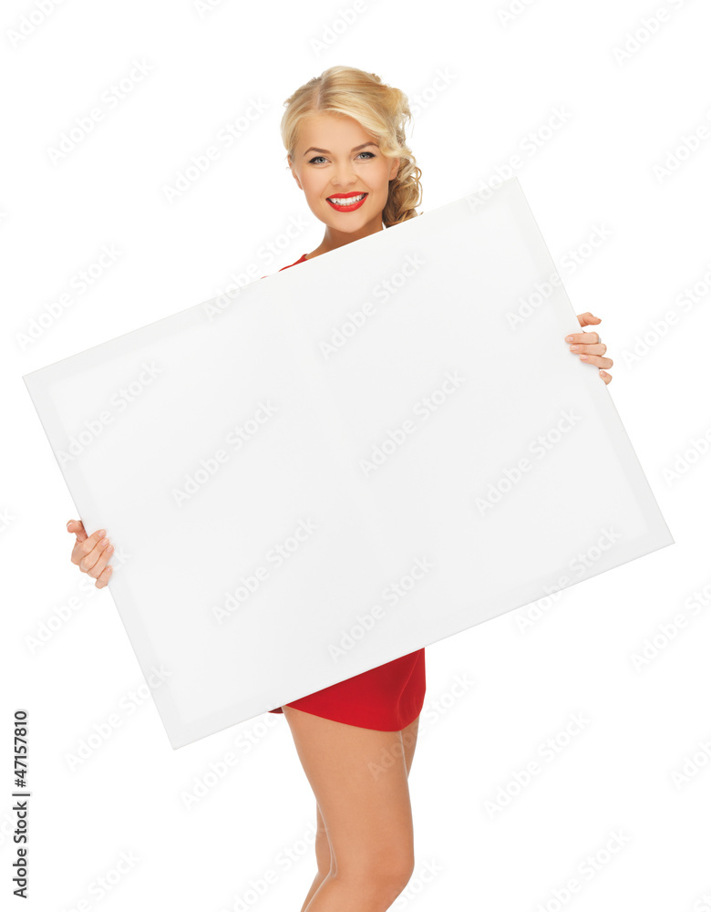 Poster lovely woman in red dress with blank board