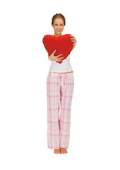 woman in cotton pajamas with big heart