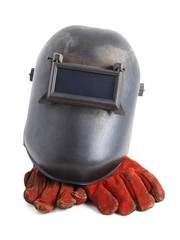 Welding mask and red gloves