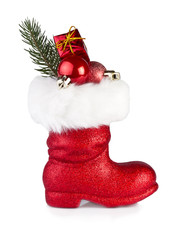 santa claus boots with gifts isolated on white
