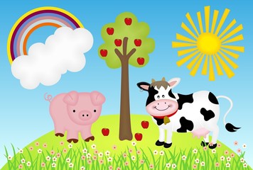 Ferme d& 39 illustration avec vache et cochon