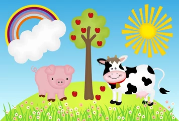 Poster de jardin Ferme Ferme d& 39 illustration avec vache et cochon