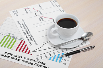 Accounting. Cup of coffee on document. chart and diagram