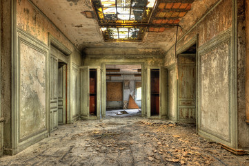 Decayed corridor in an abandoned central office of factory