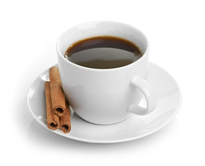 cup coffee with cinnamon isolated on white background