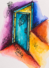 Abstract open door with light, watercolor with slate-pencil pain