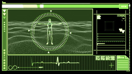 Digital interface showing revolving figure of man