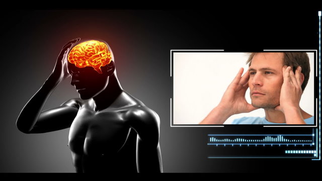 Revolving figure with highlighted brain show headaches