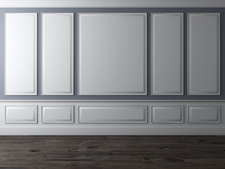 Classic interior with blue wall and wooden floor