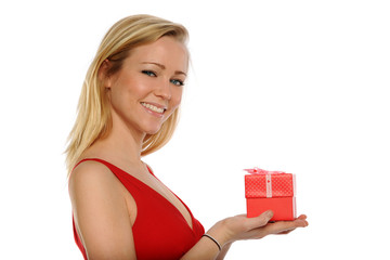 Young Blond Woman Holding a valentine gift