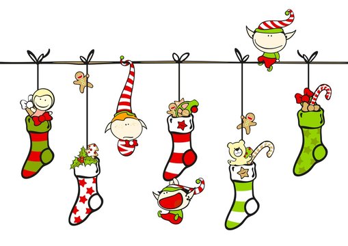 Cute playing elves with Christmas stockings