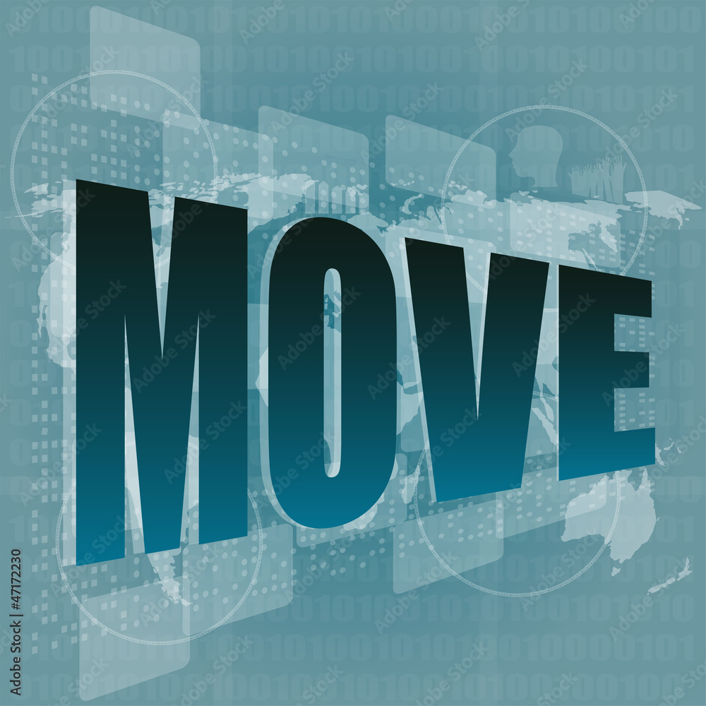 Poster time concept: pixelated words move on digital screen world map