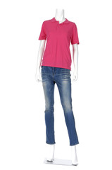 female mannequin red dressed in t- shirt and jeans