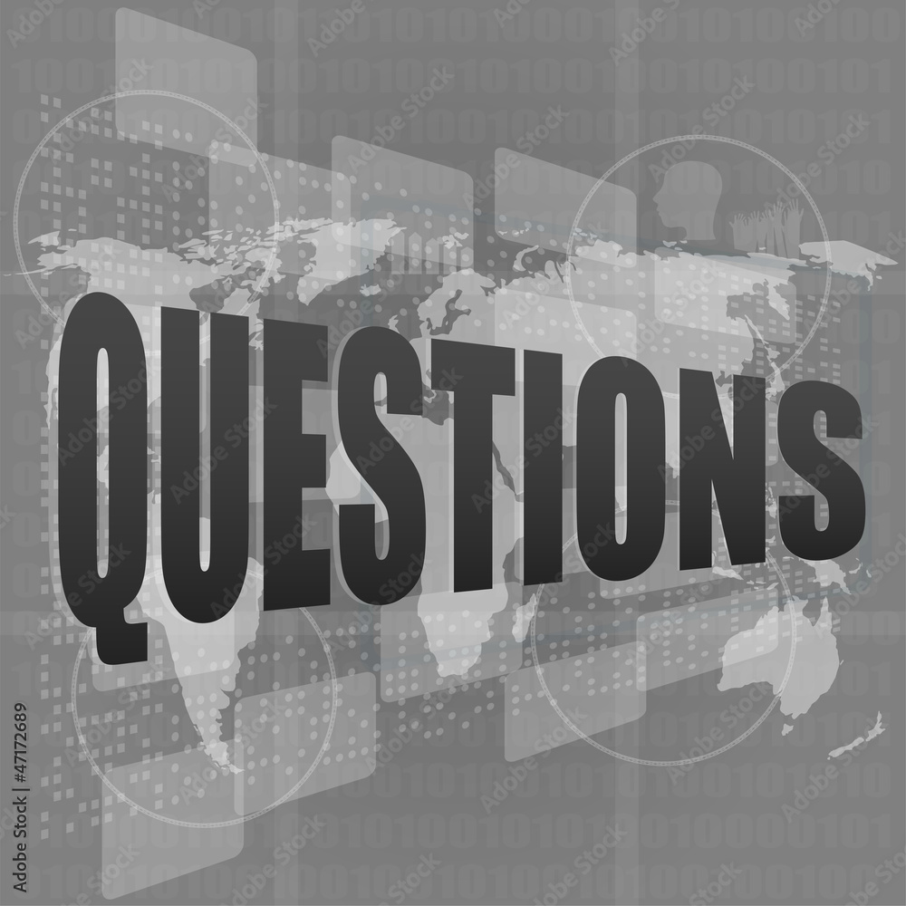 Poster pixeled word questions on digital screen with world map