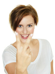 Happy successful woman shows thumb up on white background