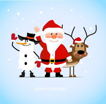 Santa Claus with a cheerful deer and a snowman