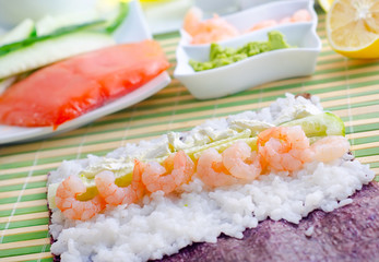 Fresh ingredients for sushi, rice and shrimps