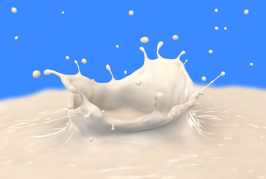 Milk splash, making ripples and splashing on blue background.