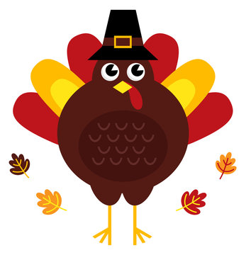 Cute Retro Thanksgiving Turkey With Hat Isolated On White